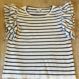 Crown & Ivy Women’s M Medium Black & White Striped Ruffle Sleeve Sweater Top